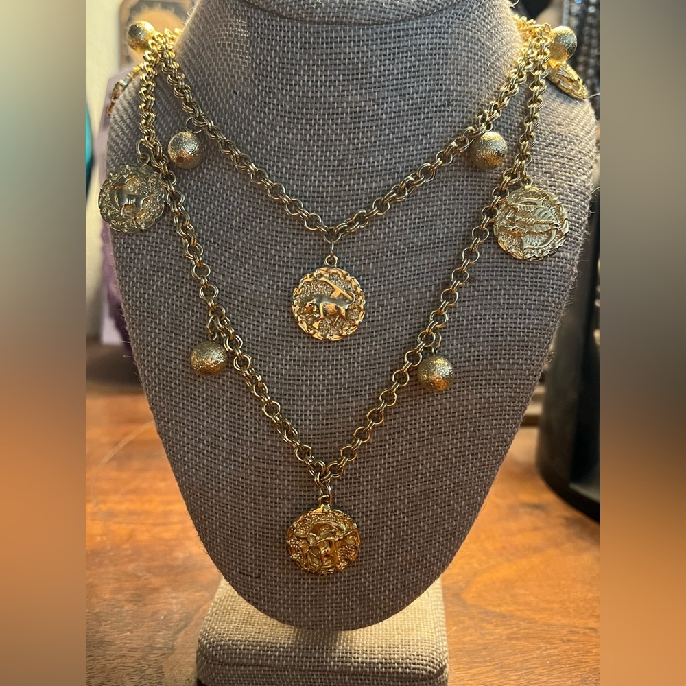 Vintage Gold Tone Astrological Sign Charm Necklace 54in